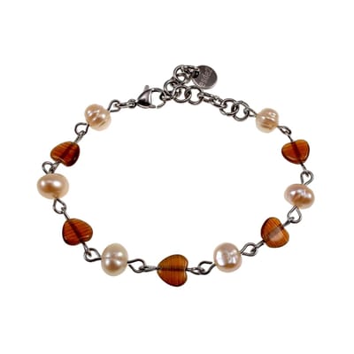 RVS Armband met Zoetwaterparels en Bruine Opalen Kattenooghartjes, Handgemaakt door esde2 - Verstelbaar 15 tot 18cm