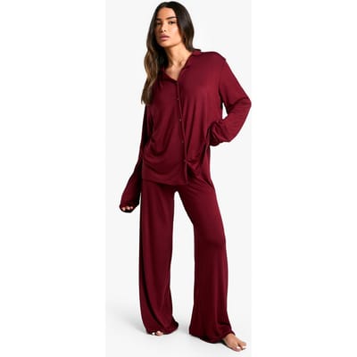 boohoo Dames Petite Pyjama Set met lange mouwen overhemd en broek | Burgundy | Maat: 6