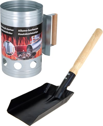 BBQ briketten/houtskool starter - met houten handvat 27 cm - Met kolenschep - zwart - 37 cm
