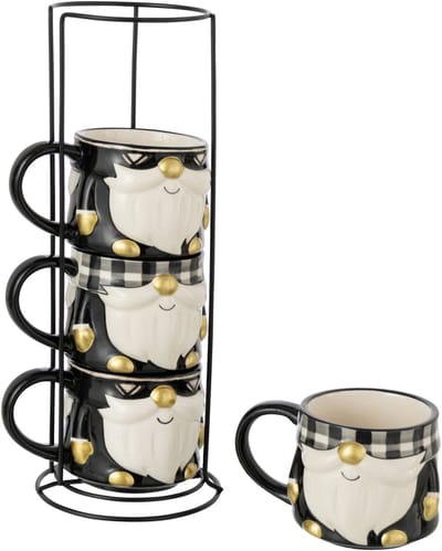 J-Line mok Kerstman Dolomiet - keramiek - zwart/wit - doos van 4