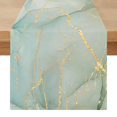 Tafelloper - Modern grijsgroen marmerpatroon met gouden textuur - Wasbaar - Voor eetkamer, keuken en slaapkamer - 40 x 140 cm