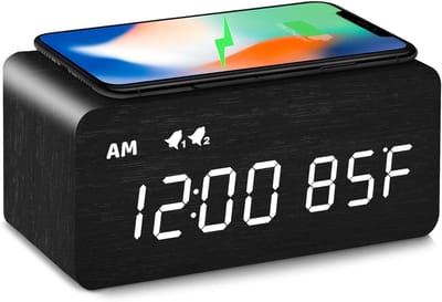 Digitale Houten Wekker met Draadloos Opladen en Slimme Alarmfuncties