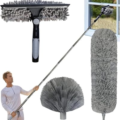 Telescopische stang - Reinigingsstok plumeau - Hoogtes schoonmaken - Verwisselbare koppen - 425 meter - Grijs