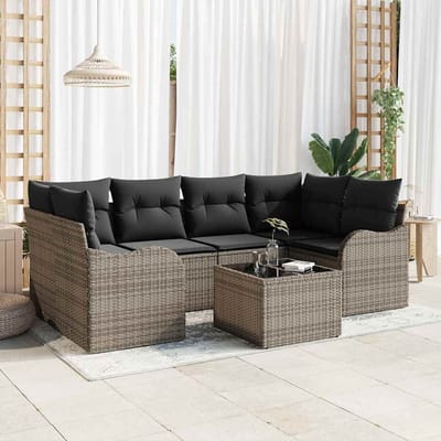 vidaXL Tuinbank Set met kussen 7 pcs Grijs Poly rattan, staal en glas