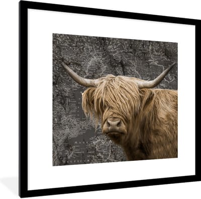Poster in lijst - Fotolijst 40x40 cm - Posters - Schotse hooglander - Wereldkaart - Dieren - Posterlijst zwart - Decoratie - Wanddecoratie woonkamer - Muurdecoratie slaapkamer