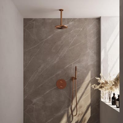 Brauer Copper Edition thermostatische inbouw regendouche 3-weg rond SET 77 met 20 cm douchekop en plafondarm en staaf handdouche en doucheslang en wandaansluitbocht koper geborsteld PVD