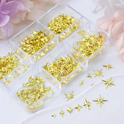6 Grilles/boîte Étoile 3D, Pentagon, Couleur Dorée Métal Décorations Nail Art Étoile Croisée, Bijoux Ongles Y2K, Charms Ongles DIY Fournitures Nail Art or