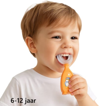U-vormige tandenborstel voor kinderen – 360° handtandenborstel met zachte siliconen borstelkop – Oranje met pinguïnprint – Geschikt voor kinderen van 6 t/m 12 jaar – Mondhygiëne voor grotere kinderen