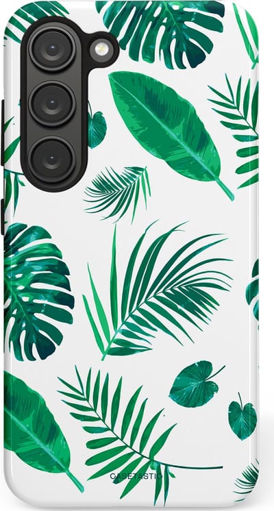 Casetastic Hoesje Geschikt voor Samsung S23 - Stijlvolle Beschermende Duo-layer Case - Groene Witte Jungle Bladeren Print