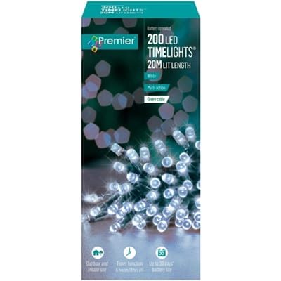 Premier 200 LED witte lichtketting op batterijen - 20 meter