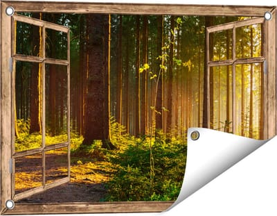 Gards Tuinposter Doorkijk Bos met Zon tussen de Bomen - 60x40 cm - Tuindoek - Tuindecoratie - Wanddecoratie buiten - Tuinschilderij