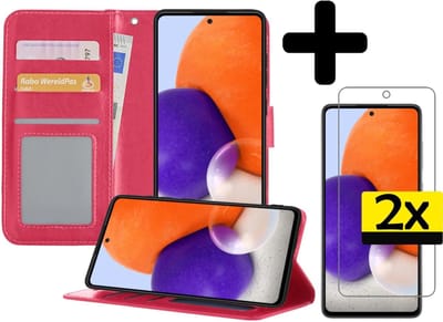 Hoesje - Met 2x Screenprotector - Geschikt voor Samsung Galaxy A72 5G - Luxe Pasjeshouder - Bookcase Portemonee - Flip Case - Kunstleer Book Case - Flipcase Hoes - Book Cover - Walletcase - Portemonneehoes - Telefoonhoesjes - Donkerroze