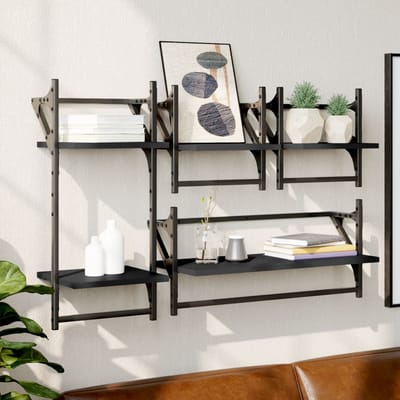 vidaXL - 4-delige - Wandschappenset - met - stangen - bewerkt - hout - zwart