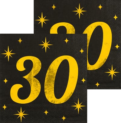 Paperdreams Verjaardag feest servetten - leeftijd 30 jaar - 32x stuks - zwart/goud - sterren - 33 x 33 cm