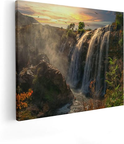 Artaza Canvas Schilderij Zonsondergang - 50x40 cm - Wanddecoratie Waterval - Muurdecoratie Bos - Kamer Accessoires