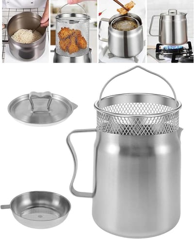 Frituurpan met mand - Oliezeefpot Friteuse - Frituren en olie bewaren - Afneembaar gaasfilter - 2 liter - Zilver