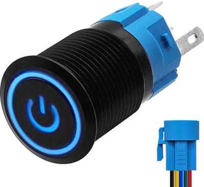 ProRide Metalen Drukschakelaar 12V ON-OFF met Aansluitkabel - 16mm - Aan/uit schakelaar - Spatwaterdicht - 12V/24V - LED Indicatie Blauw