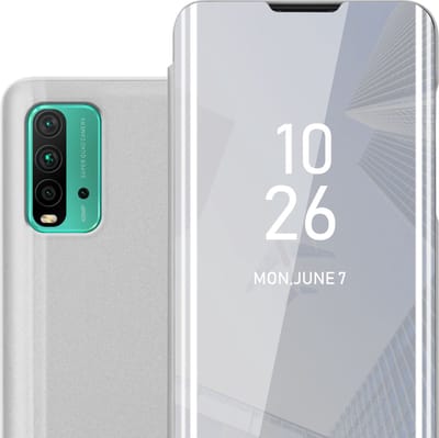 Cadorabo Hoesje geschikt voor Xiaomi RedMi 9T / POCO M3 in AGAAT ZILVER - Clear View Spiegel Beschermende Case met Tribunefunctie 360 Graden Bescherming Book Case Cover Etui
