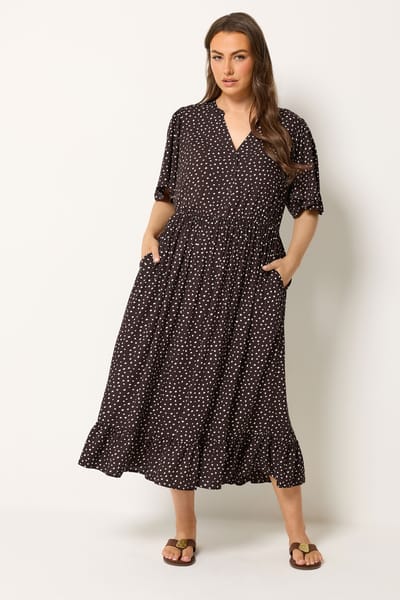 Yours Bruine Maxijurk Met Stippenprint En Inkeping In De Hals Size 38