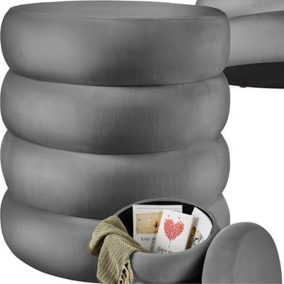 tectake® Kruk met opbergruimte - Scandi kruk fluweelstof - Ronde gestoffeerde poef voor kaptafel, slaapkamer, woonkamer of als halmeubel - Opbergkruk - grijs
