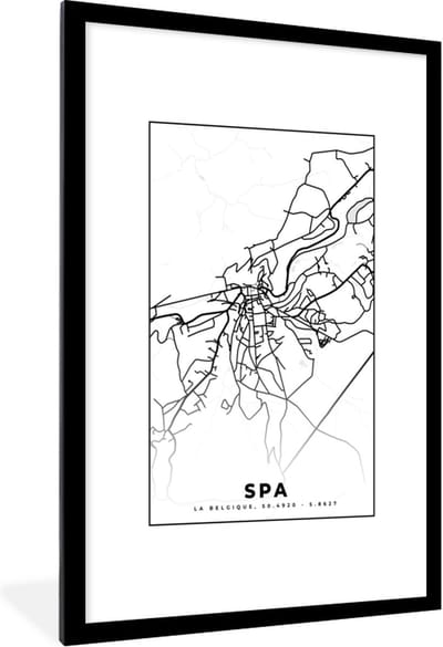 Fotolijst incl. Poster Zwart Wit- België – Spa – Stadskaart – Kaart – Zwart Wit – Plattegrond - 80x120 cm - Posterlijst