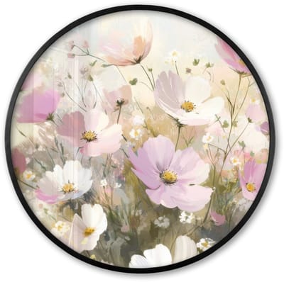 Poster in lijst Rond - Fotolijst 60x60 cm - Posters - Bloemenveld - Lichte tinten - Geschilderd - Ronde posterlijst zwart - Decoratie - Wanddecoratie woonkamer - Muurdecoratie slaapkamer