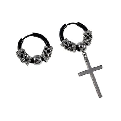 Oorbellen Unisex - Zwarte PVD-coating RVS - ∅18mm Bicolor Oorringen met Kruis Hanger - Asymmetrische oorringen - Dames - Heren