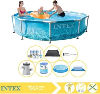 Intex Rond Frame Zwembad - 305 x 76 cm - Waterprint - Inclusief Solarzeil - Onderhoudspakket - Zwembadfilterpomp - Filter - Grondzeil - Stofzuiger - Solar Mat - 8-delig