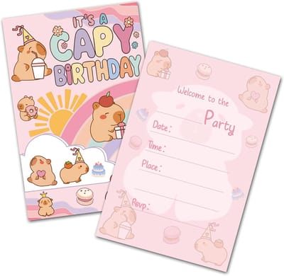 Capybara Uitnodigingen - Feestkaarten - Verjaardag Babyshower - Dubbelzijdig Ontwerp - 20 Stuks - Kleurrijk