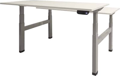 Dextro plus duo zit/sta 140x80cm, electrisch hoogte verstelbare werkplek, H-poot frame. Frame kleur aluminium (RAL9006) en blad Honey Castello