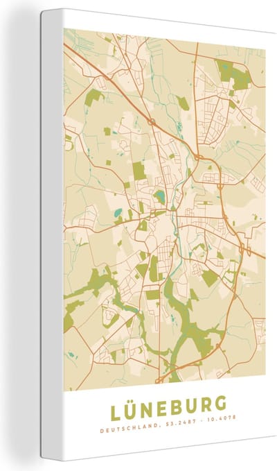 Canvas Schilderij Kaart - Plattegrond - Lüneburg - Vintage - Stadskaart - 20x30 cm - Wanddecoratie
