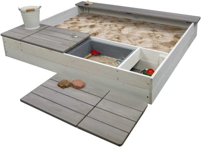 Houten Zandbak met Opbergvakken voor Kinderen - Wit/Grijs