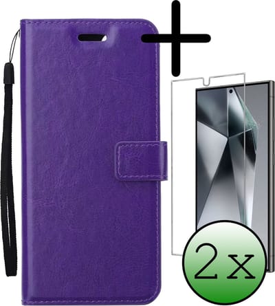 Hoesje Met 2x Screenprotector - Geschikt voor Samsung Galaxy S24 Ultra - Luxe Pasjeshouder - Bookcase Portemonee - Flip Case - Kunstleer Book Case - Flipcase Hoes - Book Cover - Walletcase - Portemonneehoes - Paars