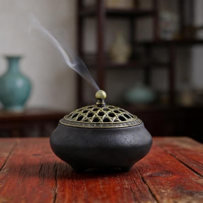 Ceramische wierookkom met metalen deksel en brandveilige houder voor meditatie, woonkamer en kantoor, perfect voor yogaliefhebbers en sfeervolle interieurdecoratie