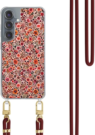 Hoesje met koord geschikt voor Samsung Galaxy S25 - Vintage floral - Inclusief Rood koord - Crossbody beschermhoes - Transparant, Roze - Mooie Telefoonhoesjes