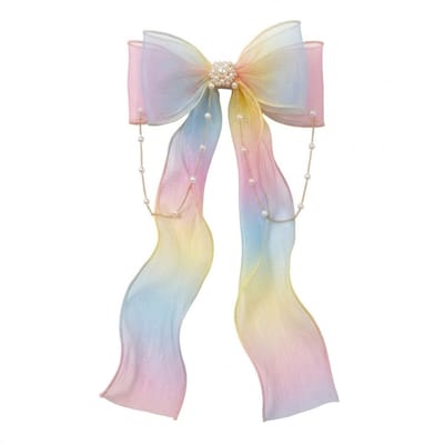 Regenboog pastel haarstrik – grote glanzende strik haarclip voor dames en meisjes – transparante lint strik met goudaccent en pareldetails – decoratieve haarspeld