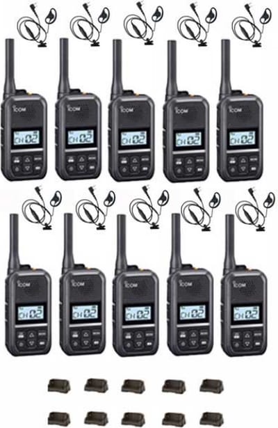 Set van 10 Icom IC-U20SR IP54 mini Portofoon met tafel lader en D-shape oortje
