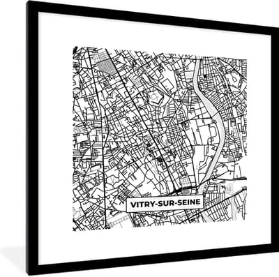 Fotolijst incl. Poster Zwart Wit- Kaart - Plattegrond - Vitry-sur-Seine - Frankrijk - Stadskaart - Zwart wit - 40x40 cm - Posterlijst