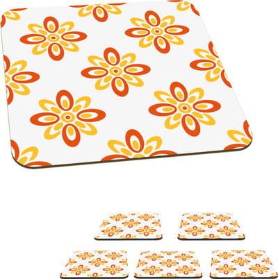 Onderzetters voor glazen - Patroon - Jaren 70 - Bloemen - Oranje - 10x10 cm - Glasonderzetters - 6 stuks