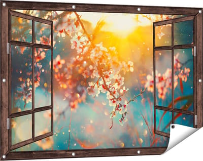 Gards Tuinposter Doorkijk Bloesemboom tijdens Zonsondergang - Bloem - 120x80 cm - Tuindoek - Tuindecoratie - Wanddecoratie buiten - Tuinschilderij