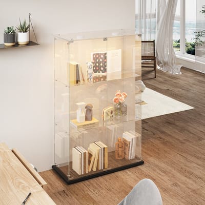 Dubbele Deur 3-Lagen Glazen Vitrinekast met LED-Verlichting, Zwarte Bodemplaat, Moderne Displaykast 78,5×35×123 cm – Stijlvol & Functioneel