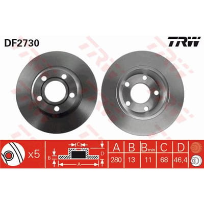 Remschijf TRW DF2730 voorkant, compleet, sterk gecarboniseerd, 1 Stuk