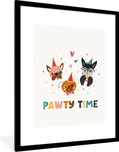 Fotolijst incl. Poster - Quotes - Honden - Feest - Pawty time - Spreuken - 60x80 cm - Posterlijst