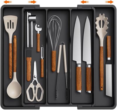 Keukenlade-organizer, uitbreidbare grote besteklade voor de keuken, verstelbare bestekhouder, kunststof keukenspatel, opbergverdeler voor gereedschap en gadgets, zwart