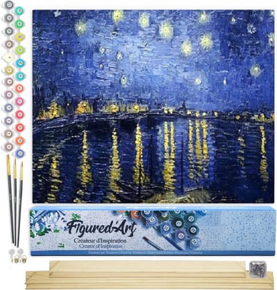 Figured'Art Schilderen op Nummer Volwassenen canvas Van Gogh Sterrennacht boven de Rhône - Handwerk acrylverf Kit DIY Compleet - 40x50cm met DIY houten lijst