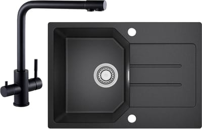 ANYCEE MAX Granieten Spoelbakken 65x45 cm - Spoelbakken Keuken Met 3 Wege Keukenkraan - Spoelbak Keuken Met Snijplank en Waterafvoersysteem - Zwart