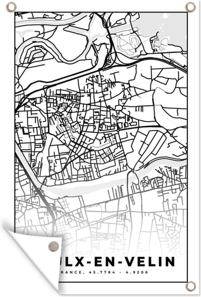 Muurdecoratie Kaart - Stadskaart - Frankrijk - Vaulx-en-Velin - Plattegrond - Zwart wit - 120x180 cm - Tuinposter - Tuindoek