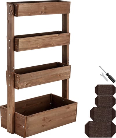 tectake® Verhoogd tuinbed Flora - Met 4 Plantenbakken voor Bloemen, Kruiden of Groenten - Bruin - 85 x 45 x 140 cm - Kweekbak voor Moestuin - Kantelbare Bloembakken van Gelakt Dennenhout - Inclusief Vliesdoek/Worteldoek - Weerbestendig en Stabiel