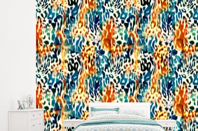 Behang - Fotobehang Oranje - Blauw - Dierenprint - Patronen - Breedte 245 cm x hoogte 220 cm