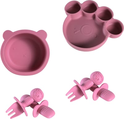 Sproudsy Serviesset Teddy Bear - Kinderservies - Kraamcadeau - Baby - 4-delig - Rosy Raspberry